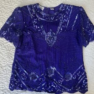 Vintage Laurence Kazar Beaded Sequin Silk Purple Top Women's Large Evening Wear
